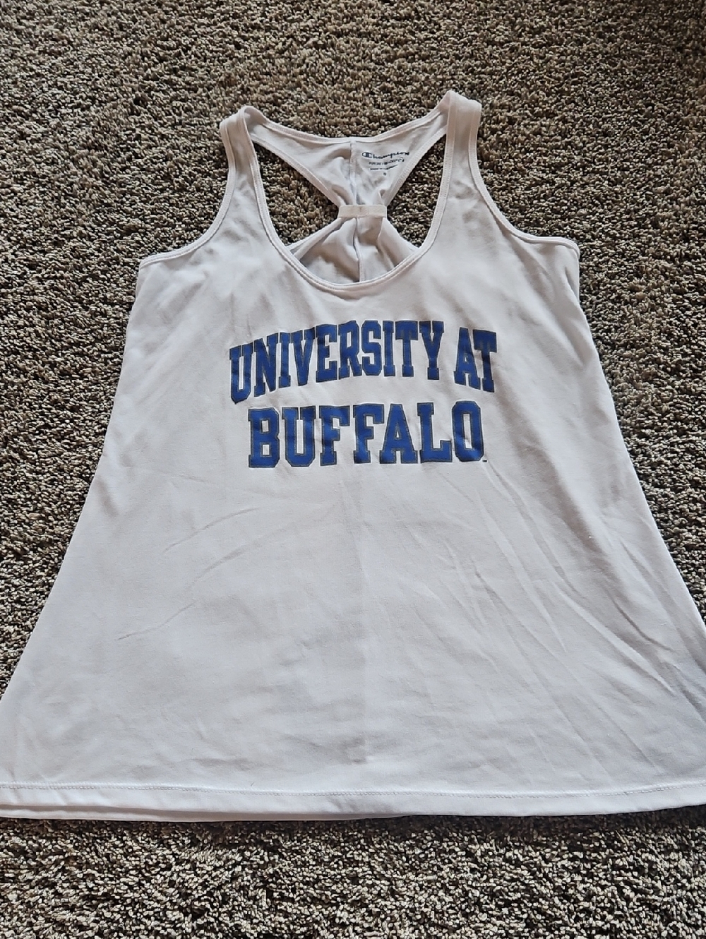 Champion White Racerback Tank with Blue "University at Buffalo" Print